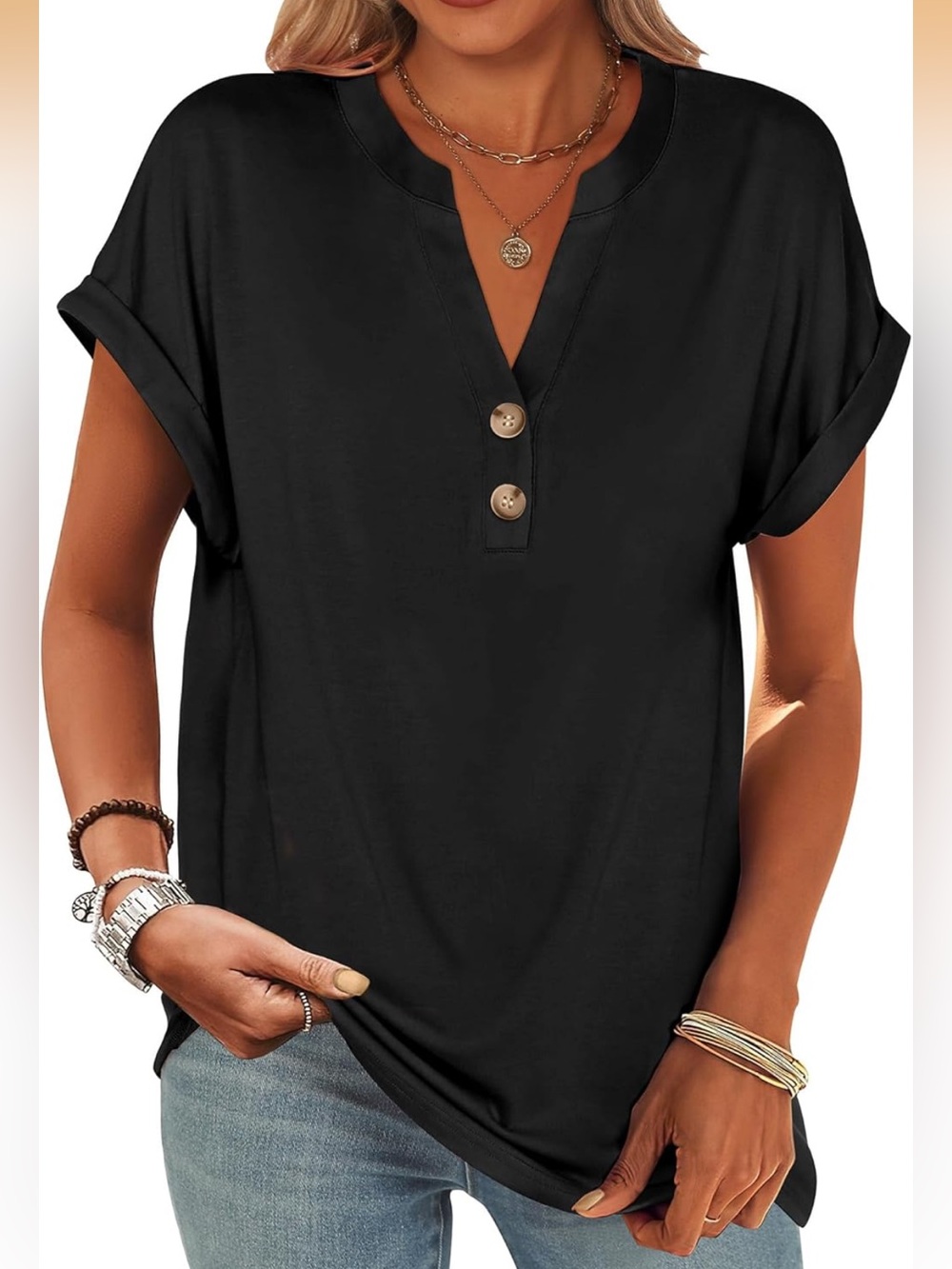 ANRABESS Short Sleeve Henley Top V Neck Dressy Casual Blouse Summer Trendy Tee